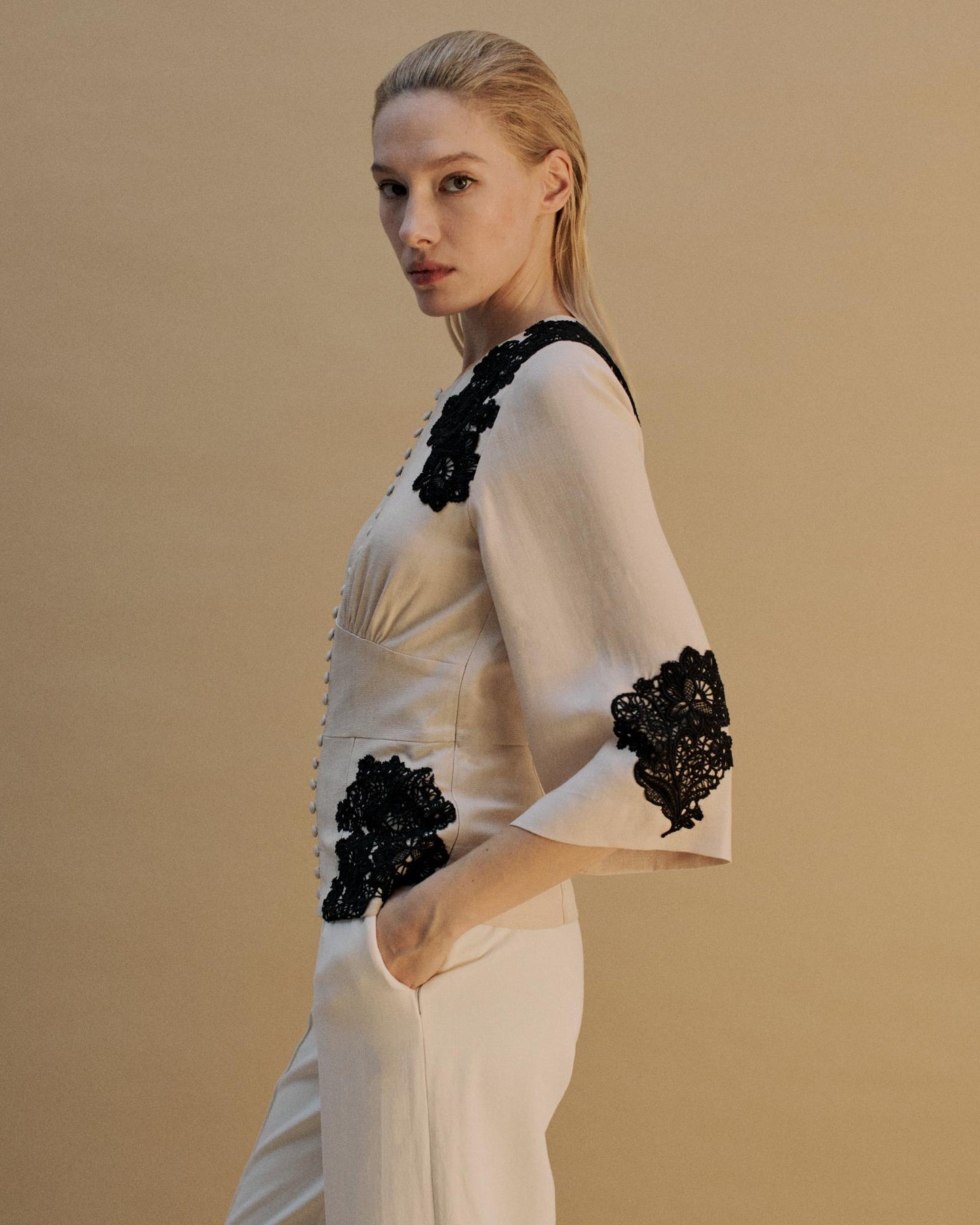 The Marnie Top in Canvas with Black Lace