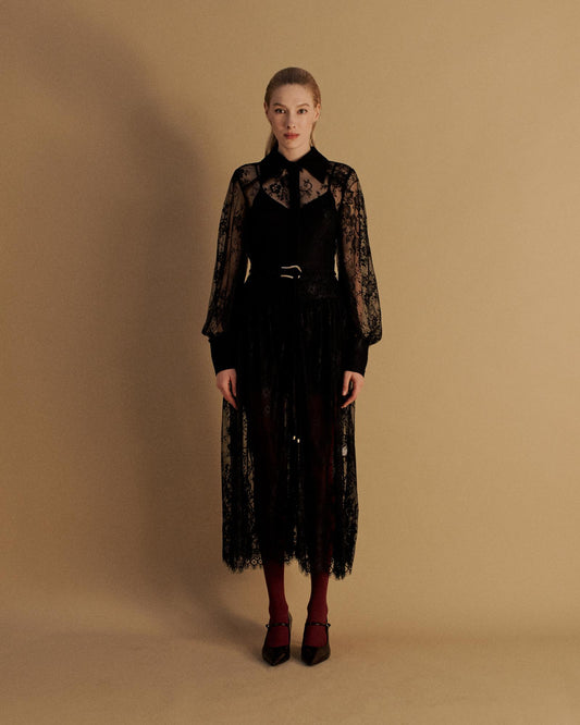 The Nira Shirt Dress in Black Lace