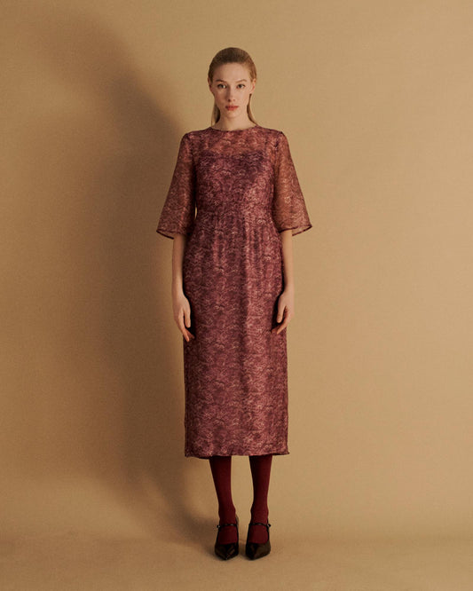 The Keiko Midi Dress in the Magenta Lace Print