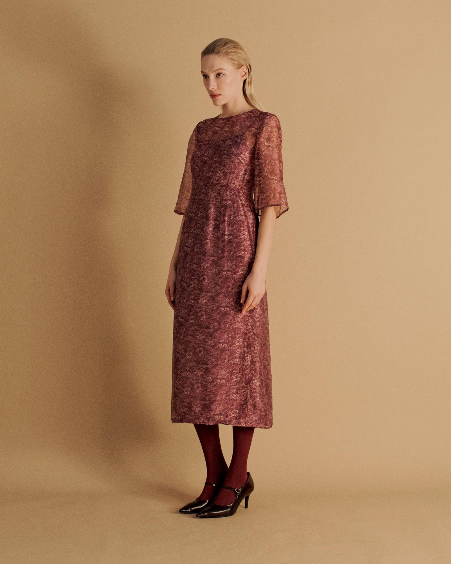 The Keiko Midi Dress in the Magenta Lace Print