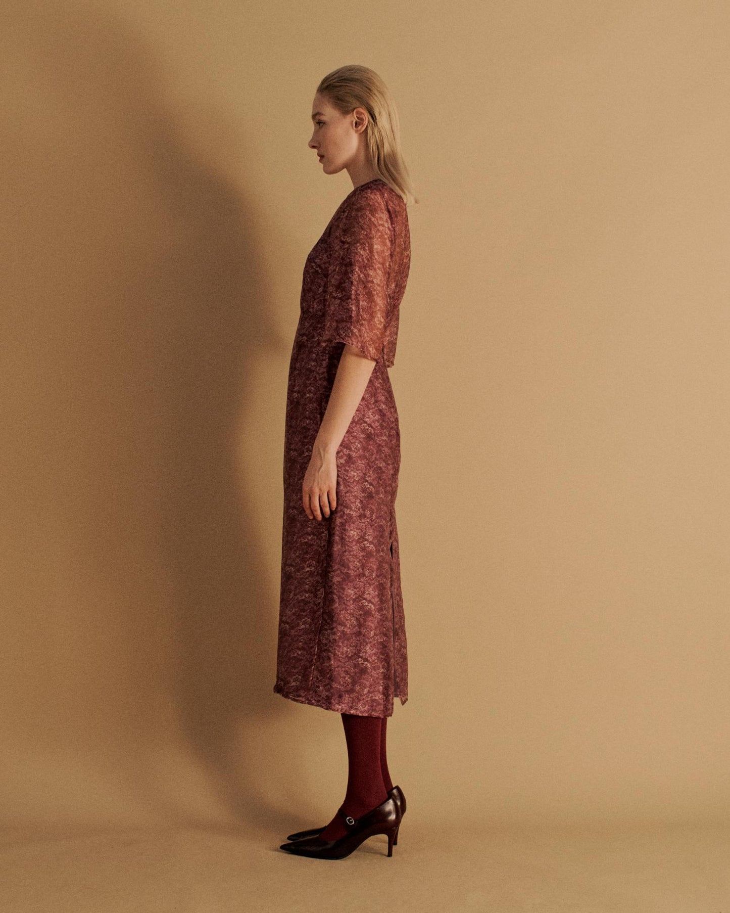 The Keiko Midi Dress in the Magenta Lace Print