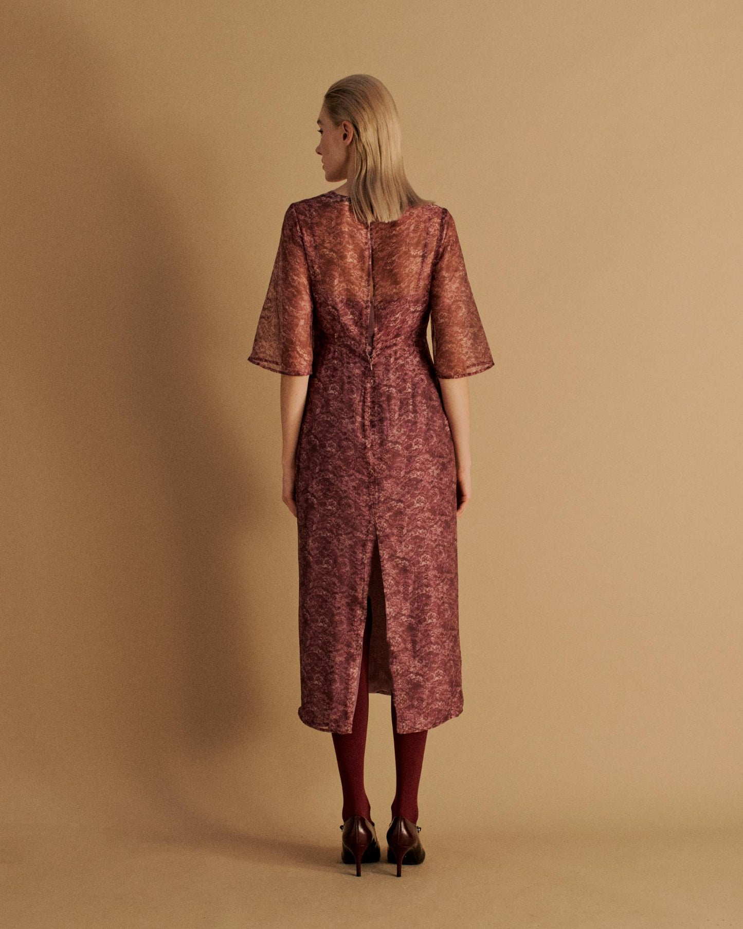 The Keiko Midi Dress in the Magenta Lace Print