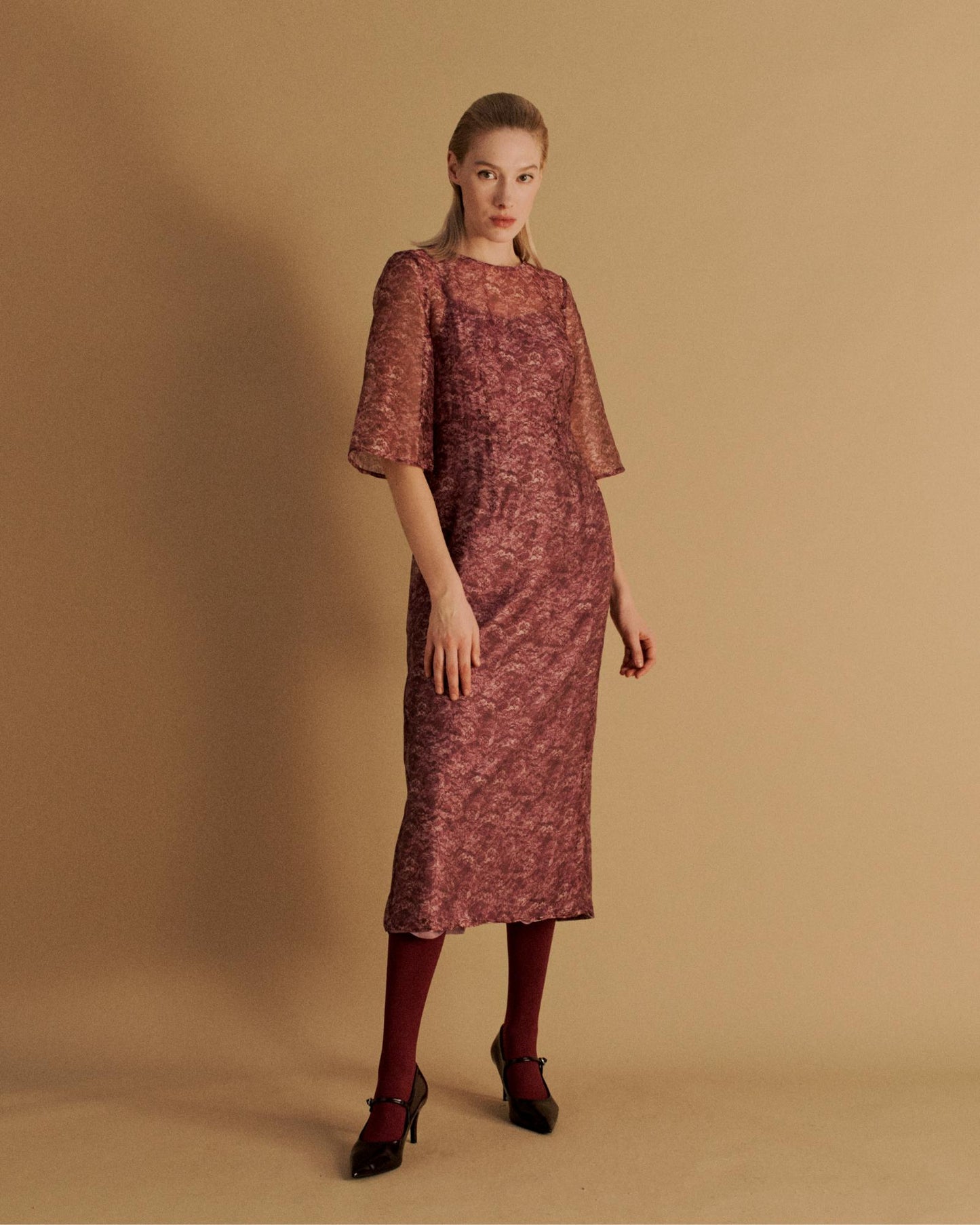 The Keiko Midi Dress in the Magenta Lace Print