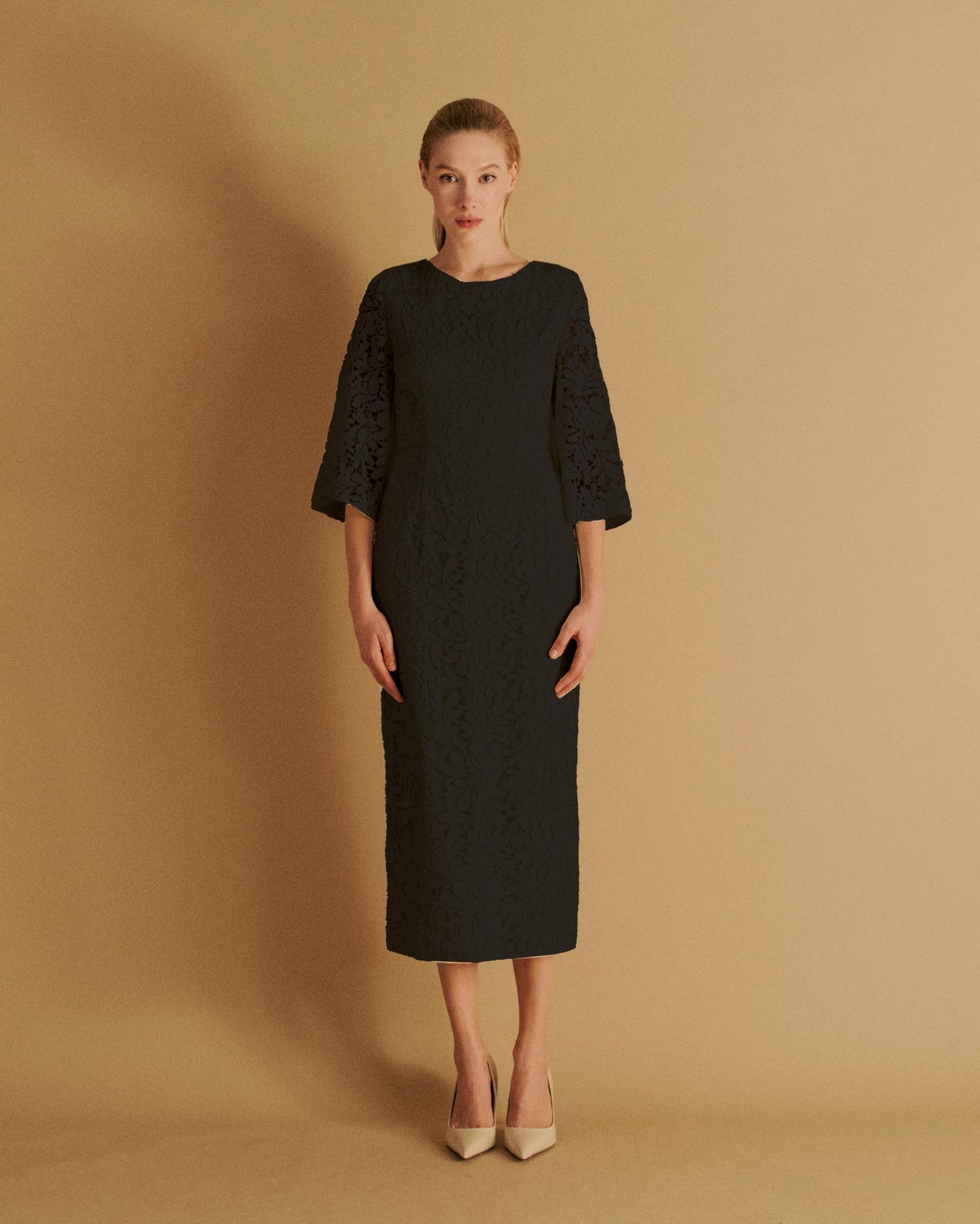 The Iris Midi Dress in black lace
