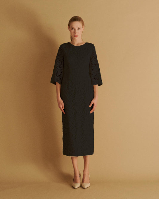 The Iris Midi Dress in black lace