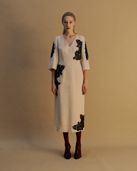 The Natalia Midi Dress in Canvas with Black lace
