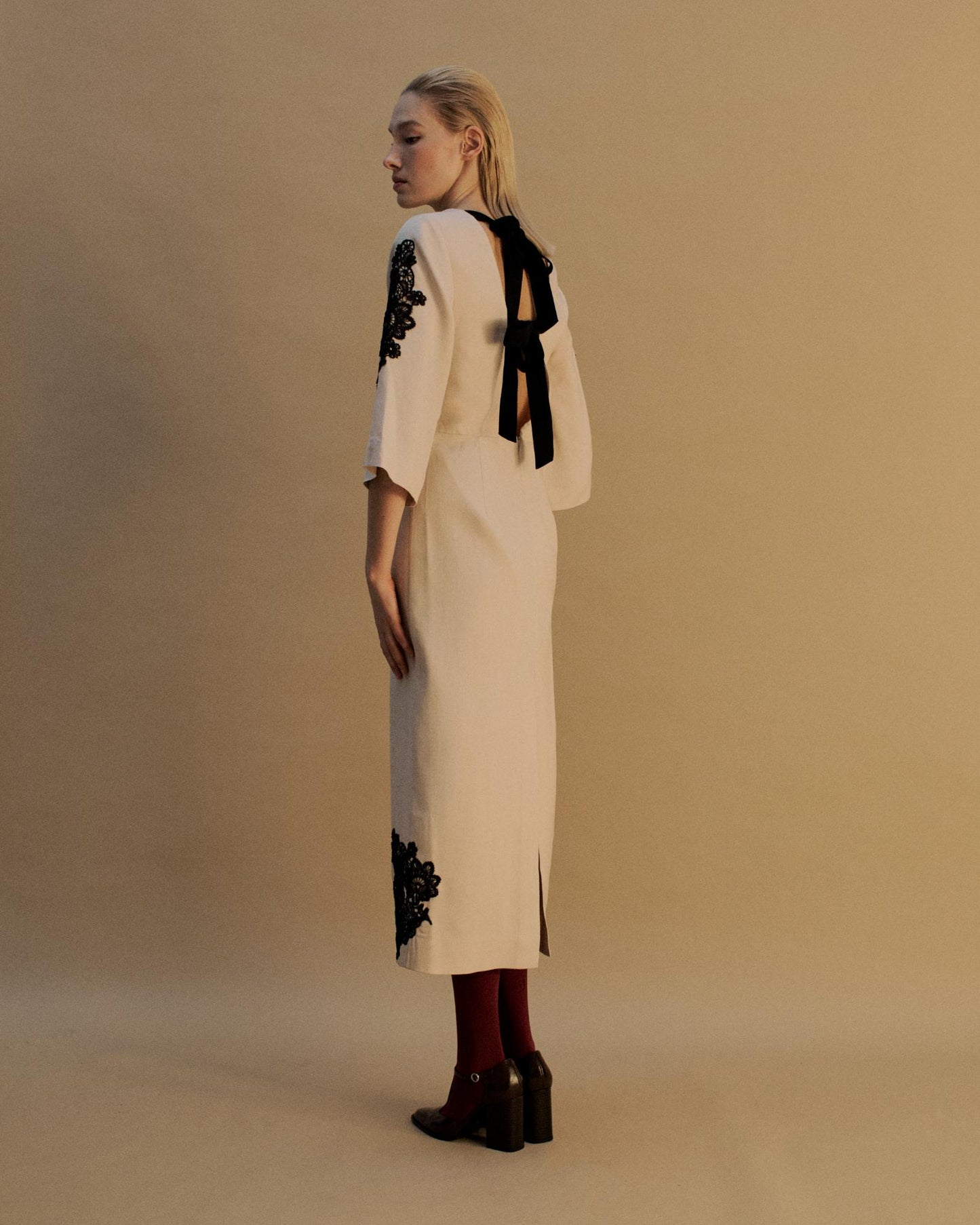 The Natalia Midi Dress in Canvas with Black lace