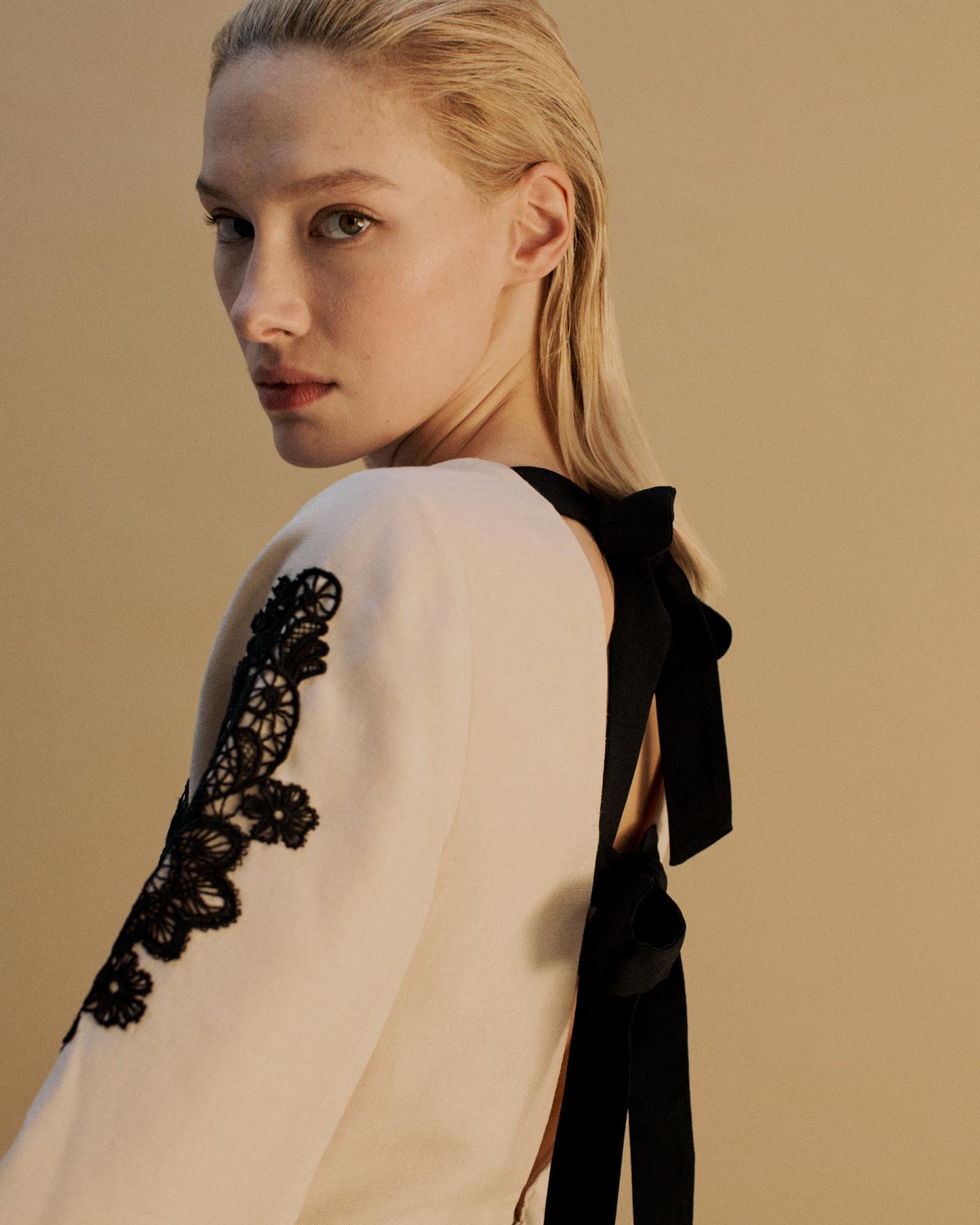 The Natalia Midi Dress in Canvas with Black lace