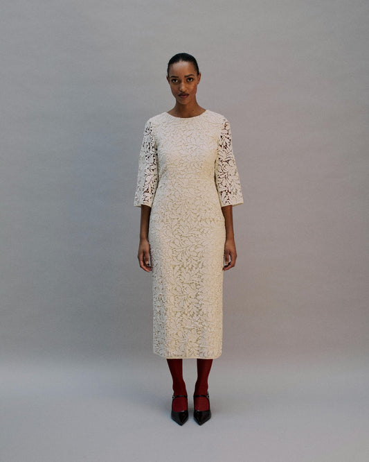 The Iris Midi Dress in ivory lace