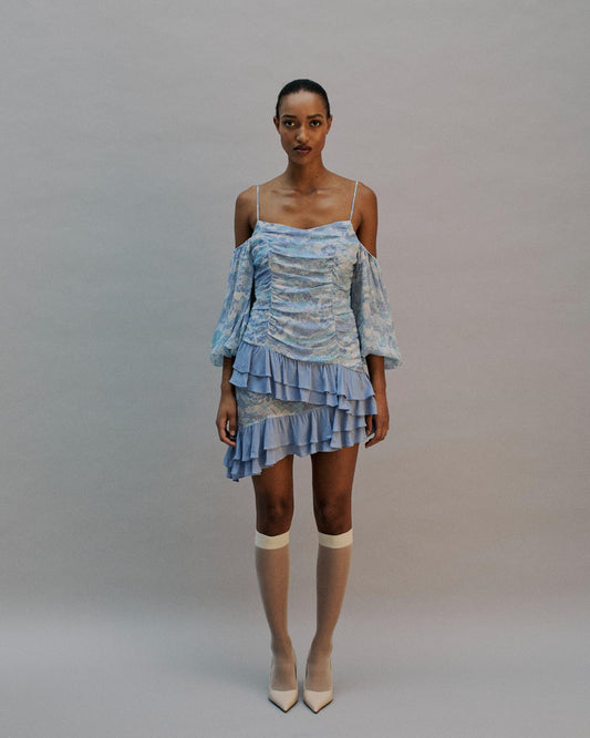 The Phoebe Mini Dress in the Bluebell Lace Print