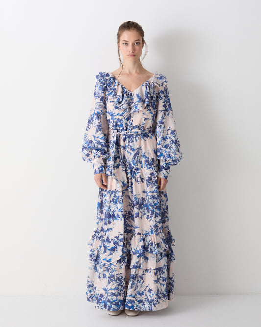 The Josephine Maxi Dress in the Blue Dahlia Print