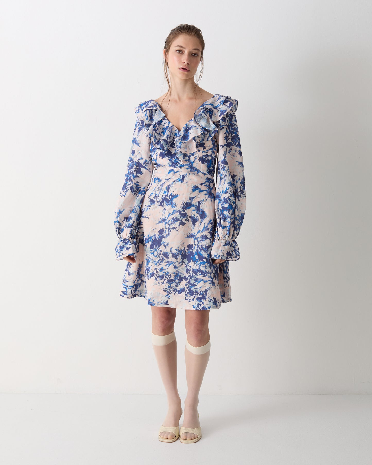 The Josephine Mini Dress in Blue Dahlia Print