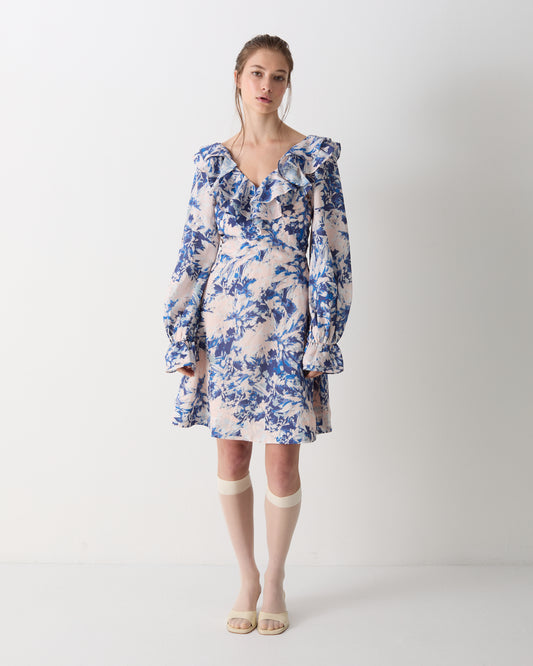 The Josephine Mini Dress in Blue Dahlia Print