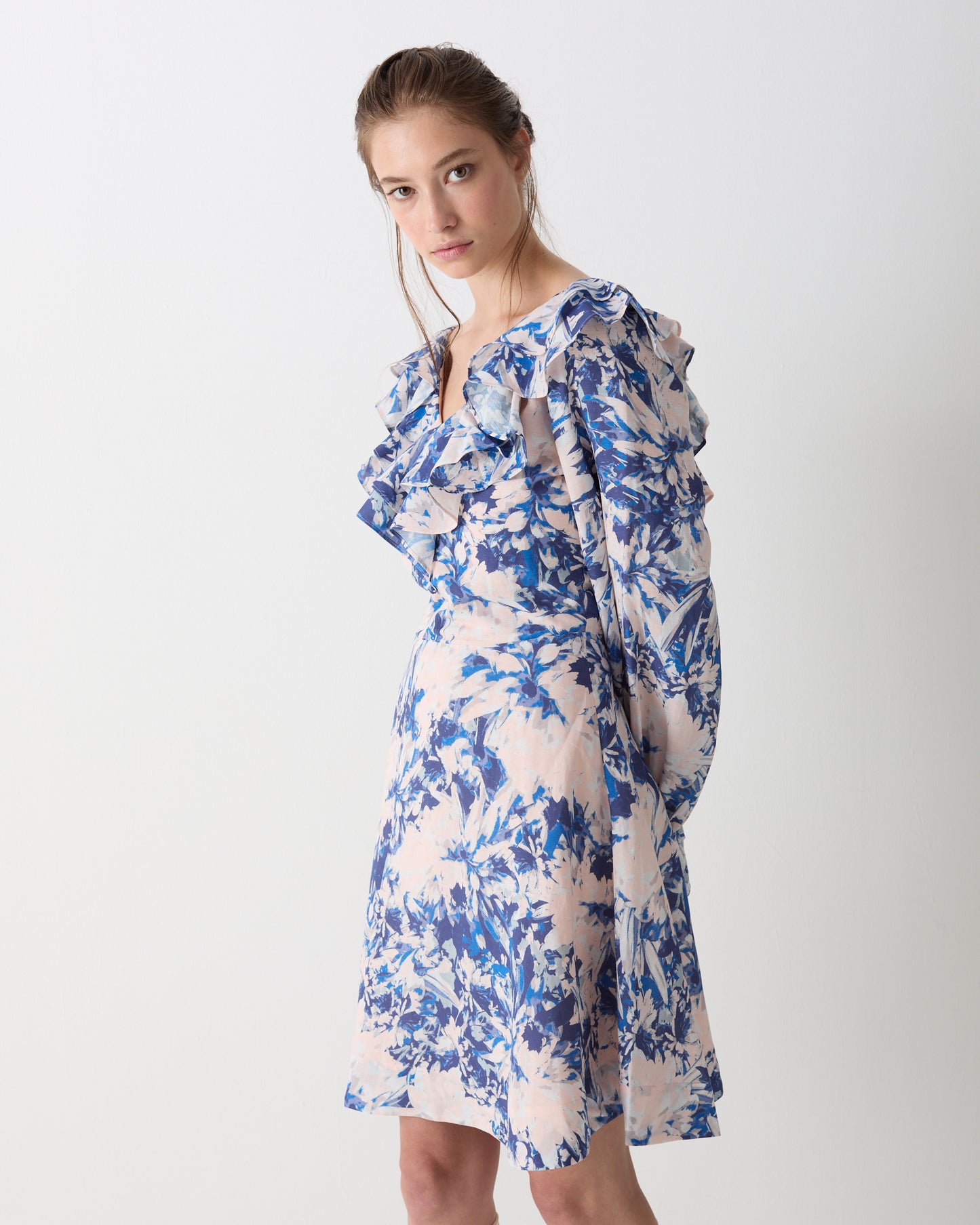 The Josephine Mini Dress in Blue Dahlia Print